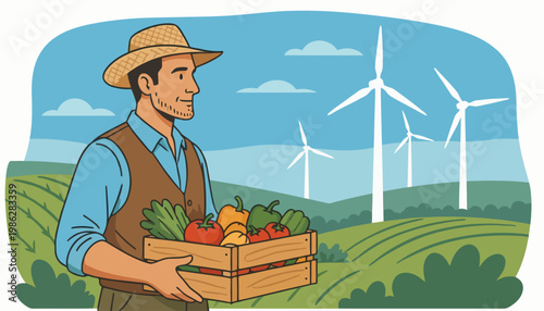 Farmer Harvesting Vegetables Near Wind Turbines Illustration