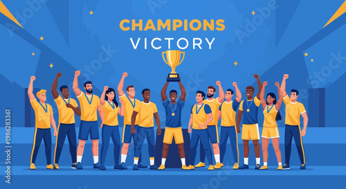 Triumphant Team Celebrating Victory, Holding Trophy, Displaying Achievement After Winning
