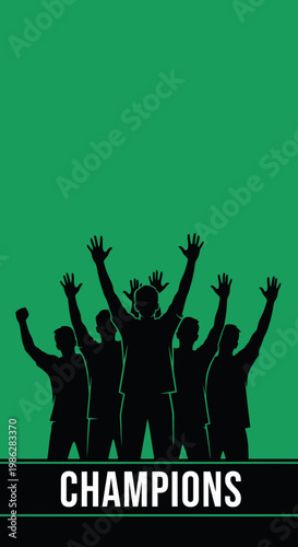 Triumphant Team Silhouette Celebrating Victory Against a Bold Green Backdrop of Success and