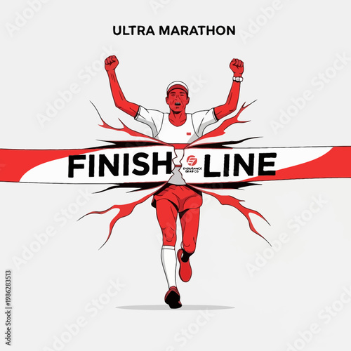 Triumphant Ultra Marathon Runner Breaking Finish Line Tape Demonstrating Victory and Endurance