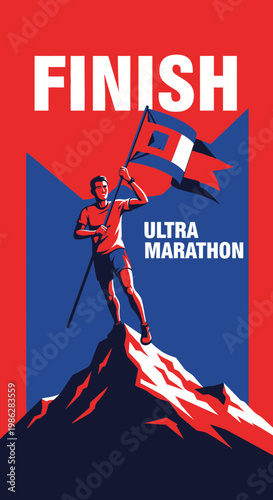 Triumphant Ultra Marathon Runner Celebrates Victory Atop Mountain Peak, Reaching The Finish
