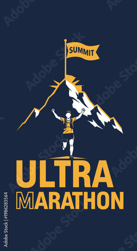 Triumphant Ultra Marathon Runner Reaches Summit Achieving Mountain Peak Victory Milestone