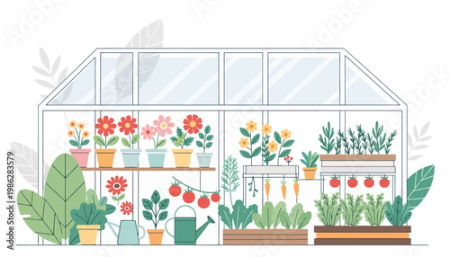 Greenhouse Filled with Plants and Vegetables Vector Design
