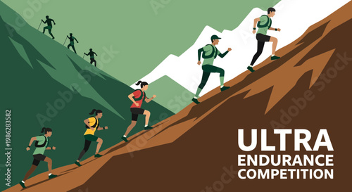 Ultra Endurance Competition Depicting Runners Climbing Steep Mountain Slopes To Win