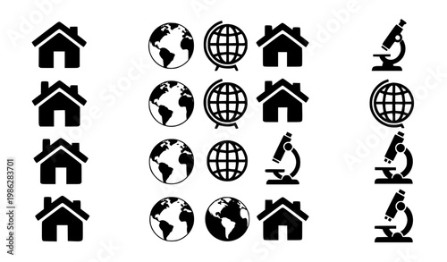 Education and Global Community Icon Set with Houses, Globe, and Microscope Symbols in Minimal Black Silhouette Style for Learning, Research, and Social Design