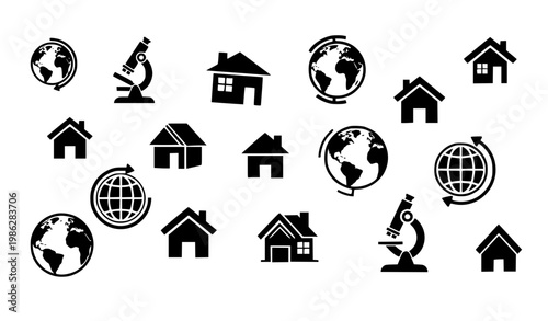 Global Education and Community Icon Set with Houses, Globe, and Science Microscope Symbols in Minimal Black Silhouette Style for Academic and Social Design