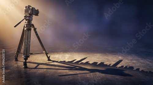 Cinematic Professional Camera on Tripod with Creative City Skyline Silhouette Shadow, Perfect for Media and Film Production Banners