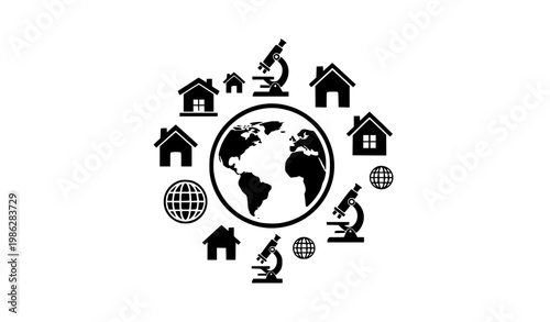 Global Education Concept Icon with Earth Globe, School Buildings, and Science Microscope Symbols in Minimal Black Silhouette Style for Learning and Academic Design