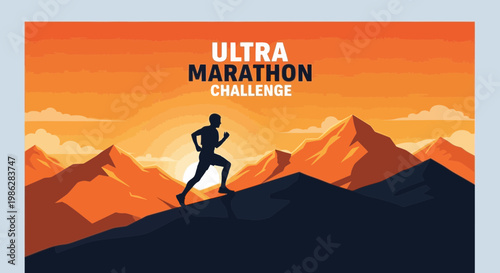 Ultra Marathon Athlete Silhouetted Against Sunset Mountains Demonstrating Endurance