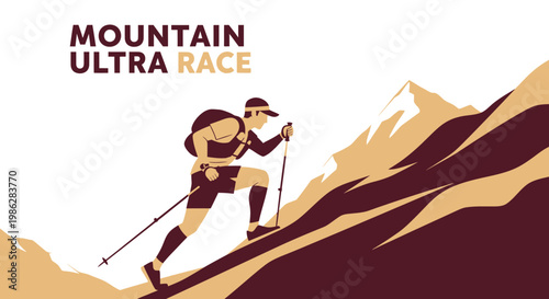Ultra Endurance Mountain Race Athlete Climbing Up a Rocky Hillside With Gear and Poles