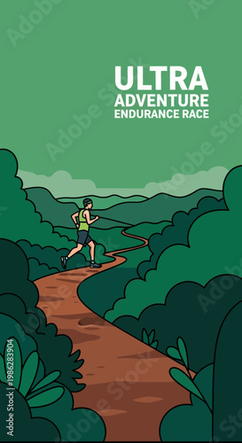 Ultra Adventure Endurance Race Depicting Runner Amidst Verdant Trails And Mountainous Terrain