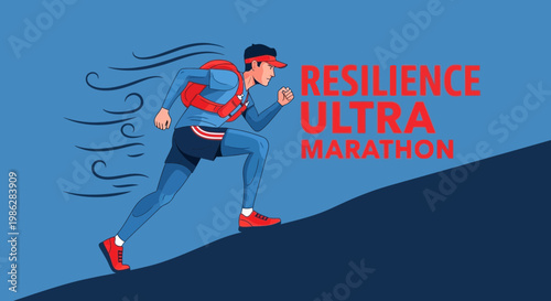 Ultra Endurance Running Race Illustrative Concept Against Blue Background