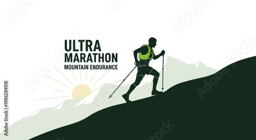 Ultra Marathon Athlete Ascending A Mountain Slope With Sunrise Silhouette Graphics Illustration