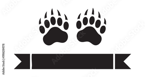 Bear paw print vector set with ribbon. animal footprints, wildlife tracks, footmark set