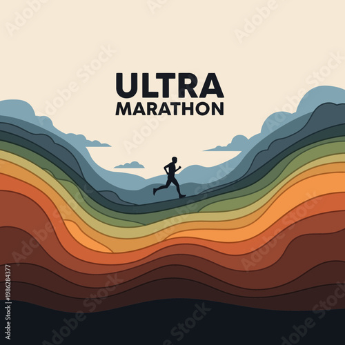 Ultra Marathon Athlete Silhouette Running Across Colorful Abstract Mountain Terrain Illustration