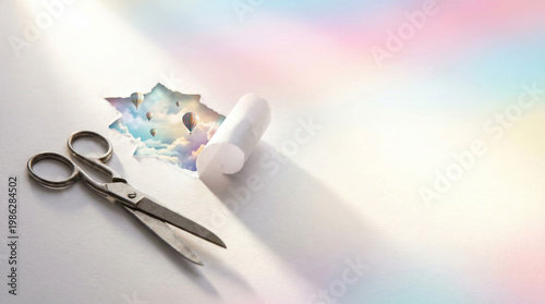 Wide banner concept with scissors cutting through white paper to reveal a magical dreamscape of hot air balloons floating in a pastel sky.