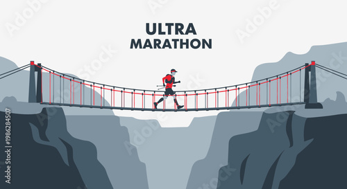 Ultra Marathon Runner Crossing Suspension Bridge In A Spectacular Mountainous Landscape