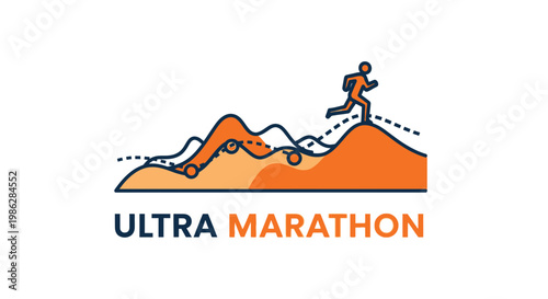 Ultra Marathon Runner Icon Ascending Mountain Peaks With Route Markers