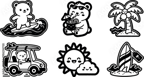 Black and white cute bear surfing drinking cocktail palm tree sun and surfboard vector set