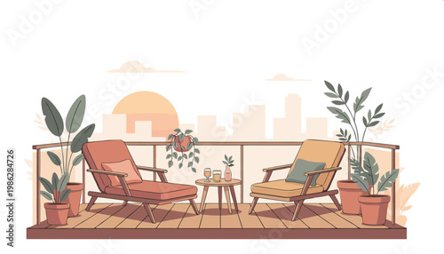 Balcony Scene Relaxing Chairs with City Skyline View