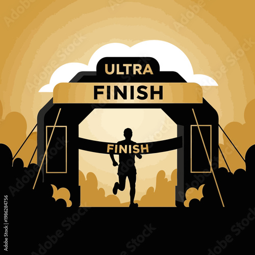 Ultra Runner Achieves Triumph Crossing Finish Line Under Archway Illustration in Gold