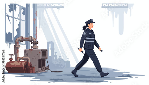 Security Guard Patrols a Lone Abandoned Warehouse at Night