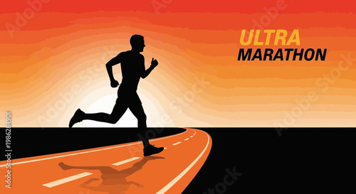 Ultra Marathon Runner Silhouette With Dramatic Orange Sky and Road Background