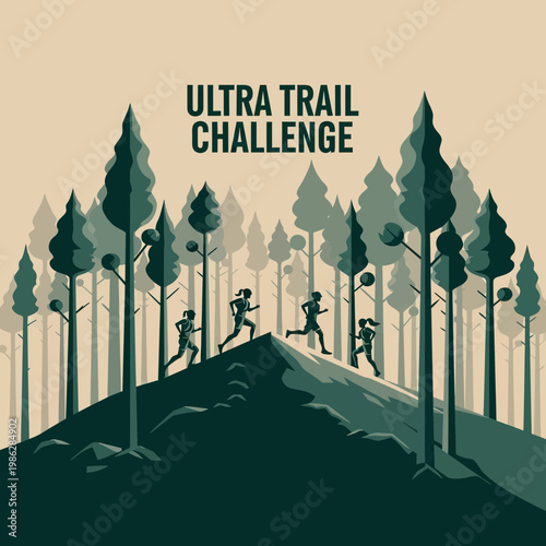 Ultra Trail Challenge: Energetic Athletes Conquering a Mountainous Forest Course, Achieving Peaks