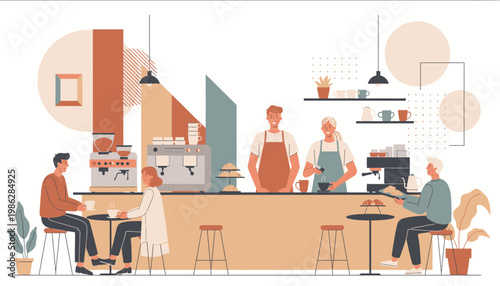 Coffee Shop Interior with Customers and Baristas Illustration