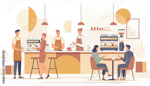 Coffee Shop Interior with Baristas and Customers Flat Vector