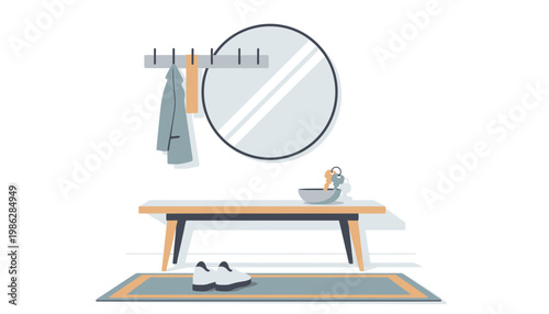 Entryway Modern Design with Coat Rack and Shoes Vector Style