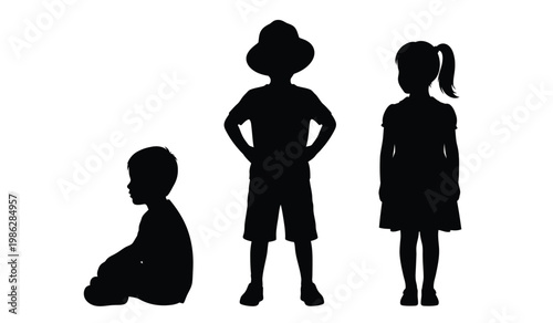 A striking black silhouette depicts three children of varying ages standing and sitting against a white background showcasing family bonds silhouette high quality professional