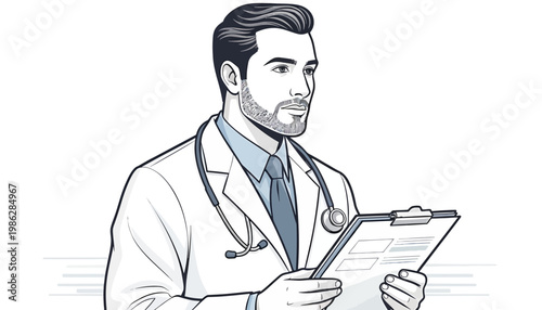 Oncologist Reviewing Patient Chart Line Art on White Background