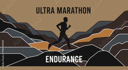 Ultra Marathon Runner Silhouetted Against a Mountainous Landscape Demonstrating Endurance
