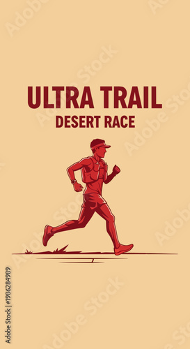 Ultra Trail Desert Race Silhouette: Dynamic Runner's Endurance Against Arid Landscape