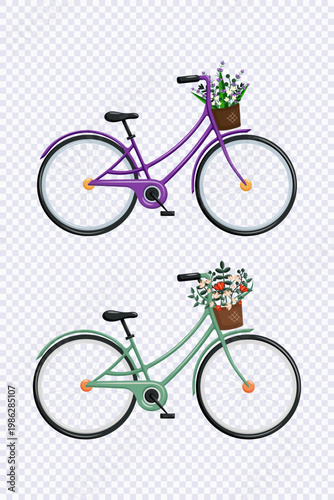 Set of cute flat vector illustration of green and purple bicycles with a busket full of flowers isolated on transparent background. Vintage bikes with  buskets. Flat design. Europe travel design.