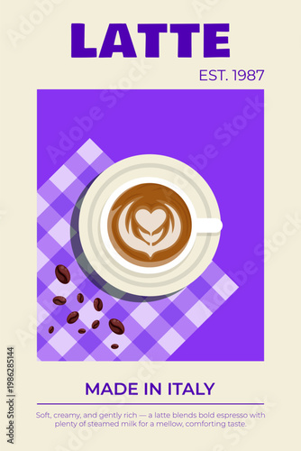 Coffee designed poster with cup of coffee, napkin  and coffee grains. Modern background template with coffee. Design for flyers, posters, packaging, banners, menu, decorations. Vector illustration.