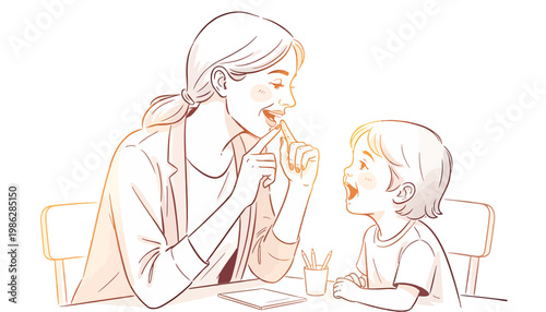 Speech Therapist Helps Child with Pronunciation Line Art