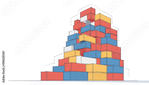 Shipping Containers Stacked in Flat Vector Illustration