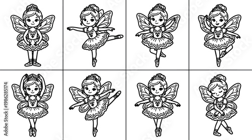 Black and white line art fairy ballerina in various dance poses with wings and tiara
