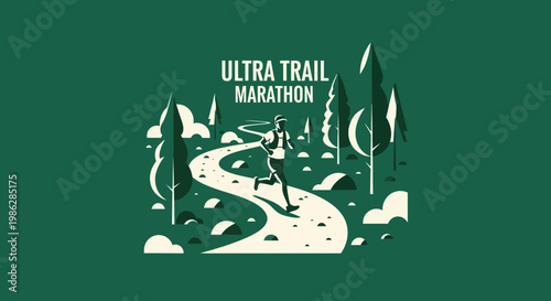 Ultra Trail Marathon Runner In Forest Environment, Minimalist Design Concept