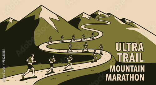 Ultra Trail Mountain Marathon Illustration Depicting Running Contest On Serpentine Mountain Path