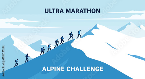 Ultra Marathon Runners Scaling Mountain Peak Representing Alpine Challenge And Endurance