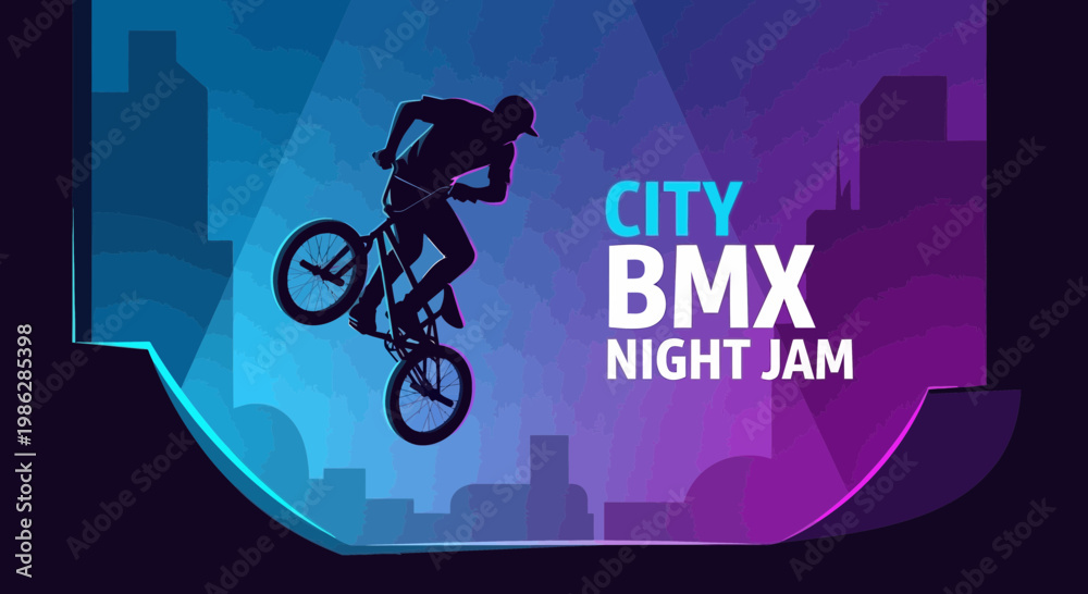Fototapeta premium Urban BMX Night Jam: A Dynamic Silhouette Against a Vibrant Cityscape