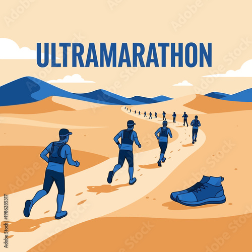 Ultra Marathon Runners Traverse the Desert Landscape Towards The Distant Mountains for Victory