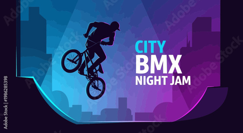 Urban BMX Night Jam: A Dynamic Silhouette Against a Vibrant Cityscape