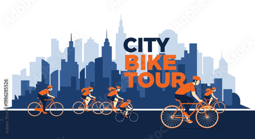 Urban Cycling Adventure Depicts Cityscape and Group Exploring on Bicycle Tour Journey