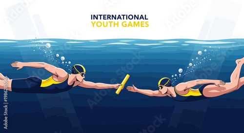 Underwater Relay Race Depicting Swimmers Passing a Baton at the Youth Games Competition