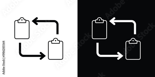 Vector illustration of two clipboards with circular arrows, symbolizing task management, data synchronization, workflow updates, and administrative process automation in a flat style.