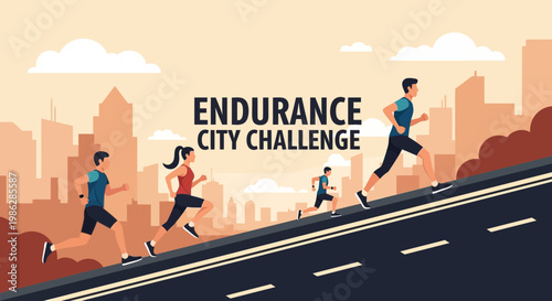 Urban Marathon Challenge Diverse Runners Ascending City Slope